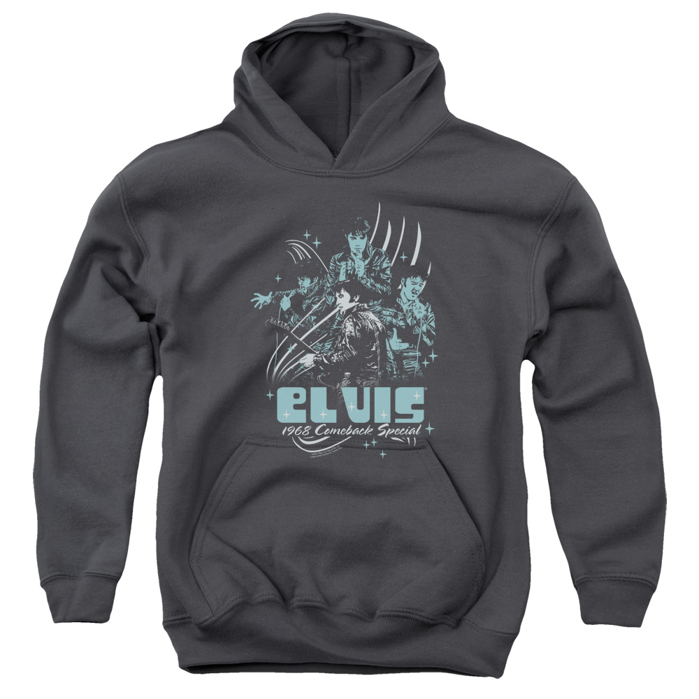 ELV538-YFTH-2 Elvis Presley 68 Leather Youth Hooded Sweatshirt, Charcoal - Medium