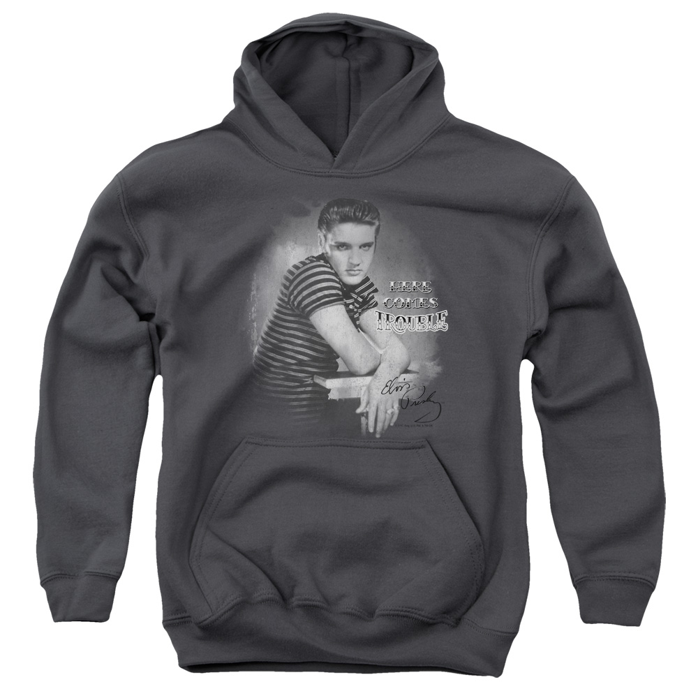 ELV607-YFTH-2 Elvis Presley Trouble Youth Hooded Sweatshirt, Charcoal - Medium