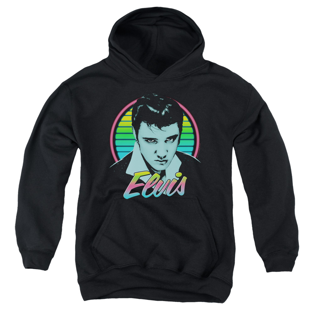 ELV890-YFTH-2 Elvis Presley Neon King Youth Hooded Sweatshirt, Black - Medium
