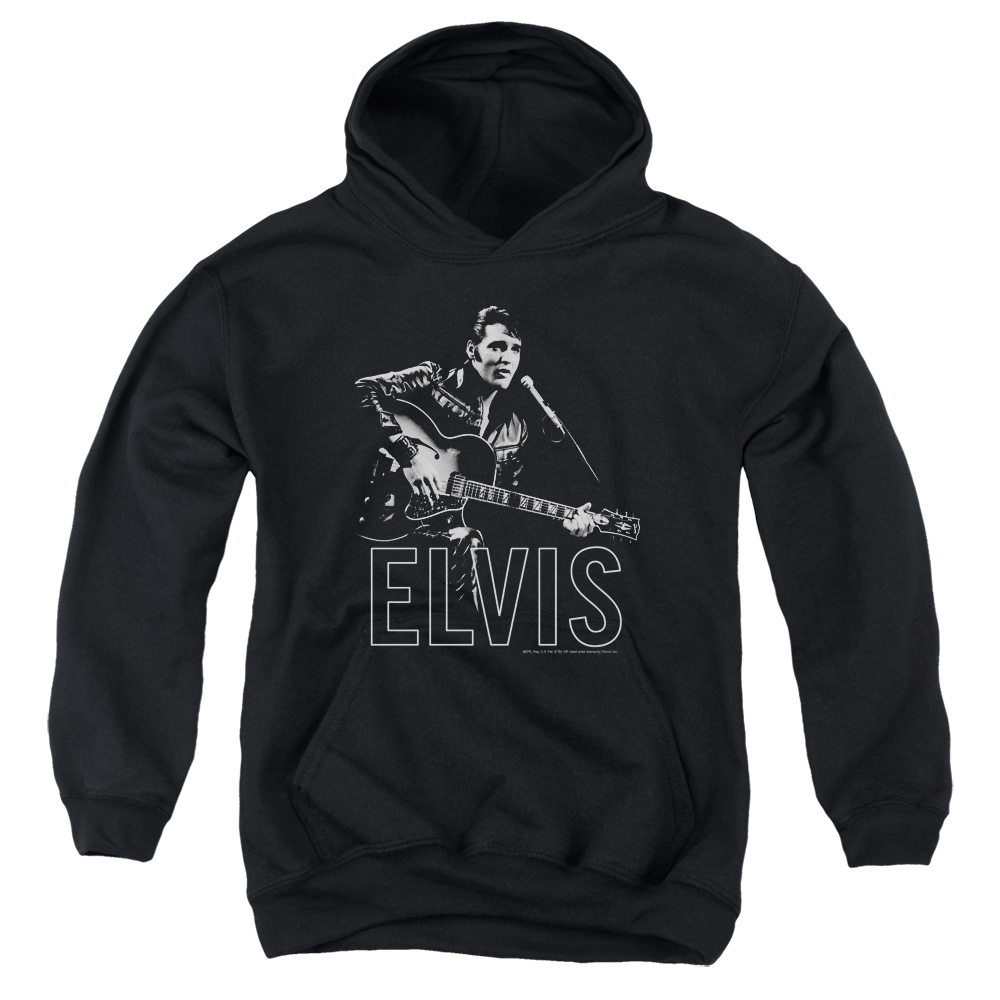 ELV773-YFTH-2 Elvis Presley Guitar in Hand Youth Hooded Sweatshirt, Black - Medium