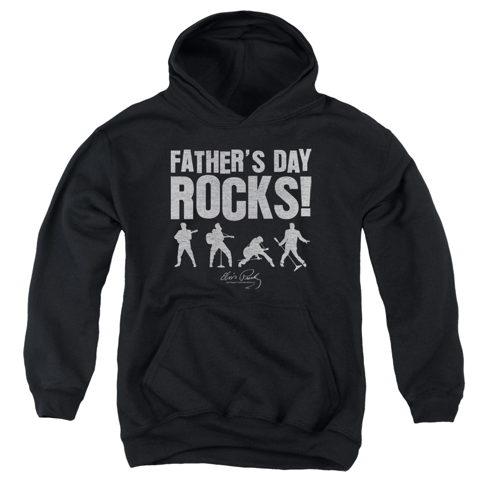 ELV887-YFTH-3 Elvis Presley Fathers Day Rocks Youth Hooded Sweatshirt, Black - Large