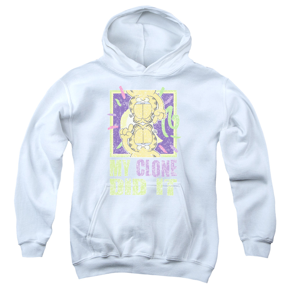 GAR488-YFTH-4 Garfield My Clone Did it Youth Hooded Sweatshirt, White - Extra Large