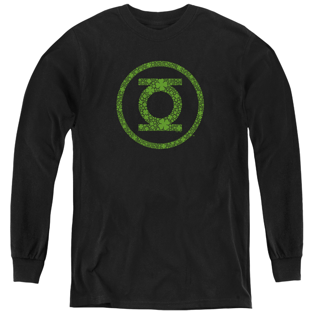 JLA10095SPD-YL-3 Green Lantern St. Patricks Day Shamrock Logo Long Sleeve Youth T-Shirt, Black - Large
