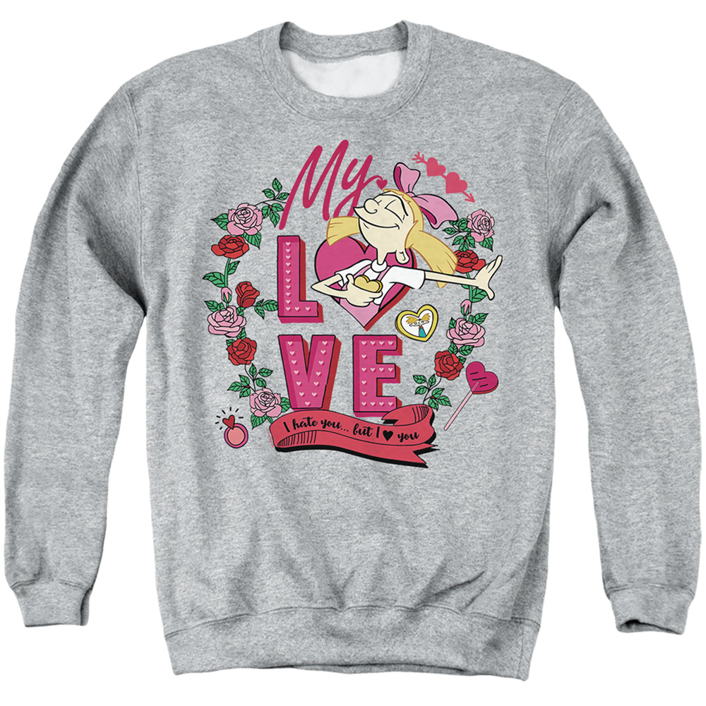 NICK10245TVAL-AS-5 Hey Arnold Valentines Day Helga I Hate You But Love You Adult Crewneck Sweatshirt, Athletic Heather - 2X