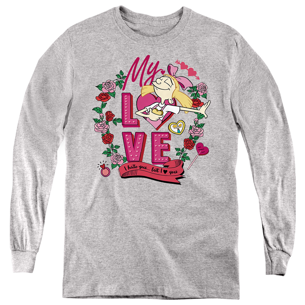 NICK10245TVAL-YL-1 Hey Arnold Valentines Day Helga I Hate You But Love You Long Sleeve Youth T-Shirt, Athletic Heather - Small
