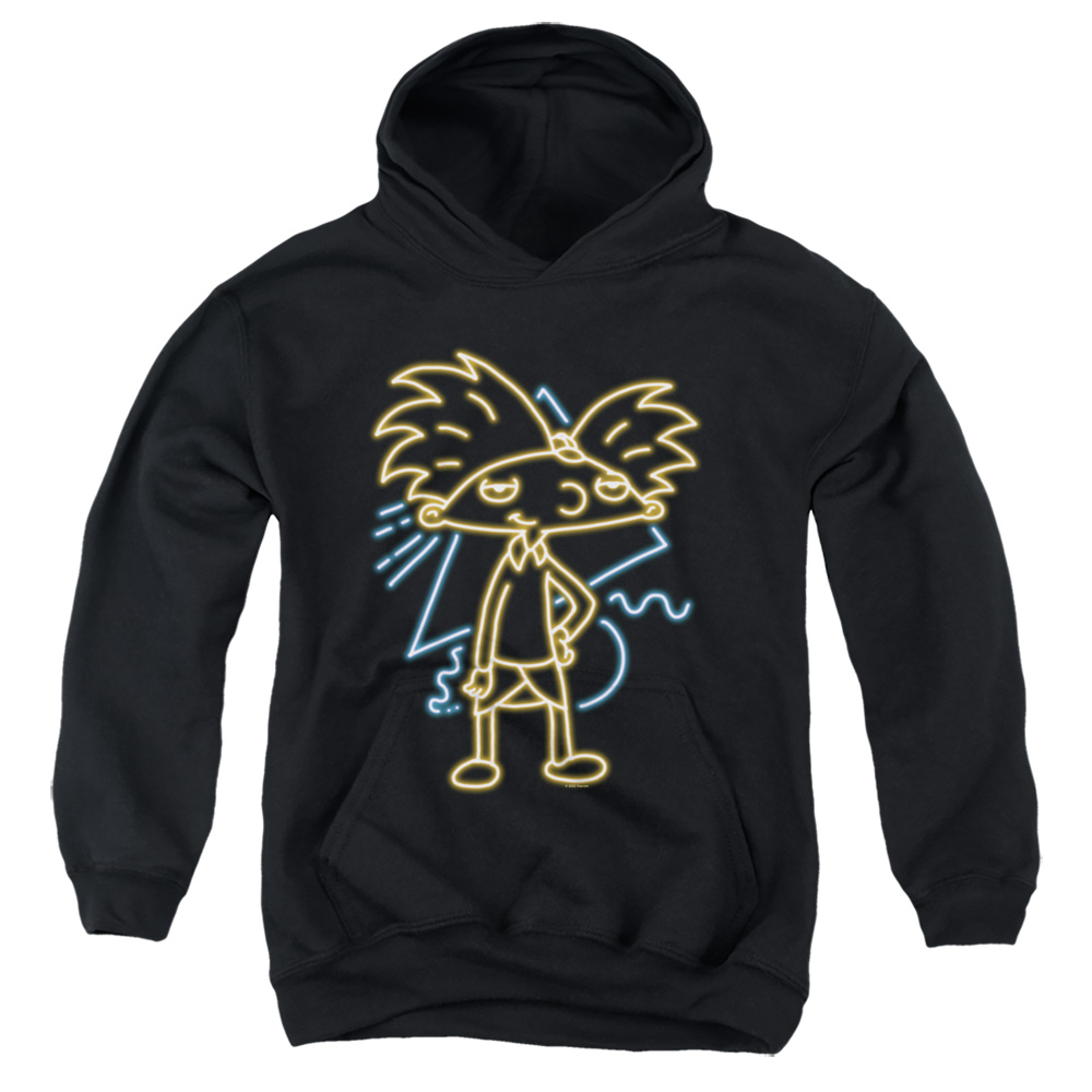 NICK805-YFTH-4 Hey Arnold Neon Youth Hooded Sweatshirt, Black - Extra Large
