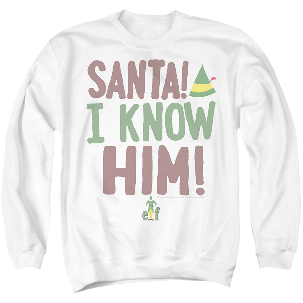 WBM1873-AS-6 ELF Buddy The ELF Santa I Know Him Adult Crewneck Sweatshirt, White - 3X