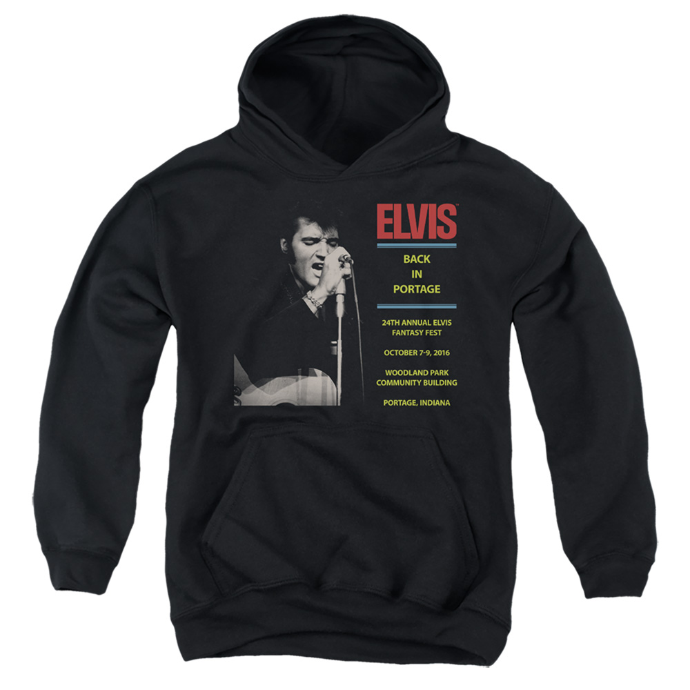 ELV873-YFTH-4 Elvis Presley Back in Portage Youth Hooded Sweatshirt, Black - Extra Large