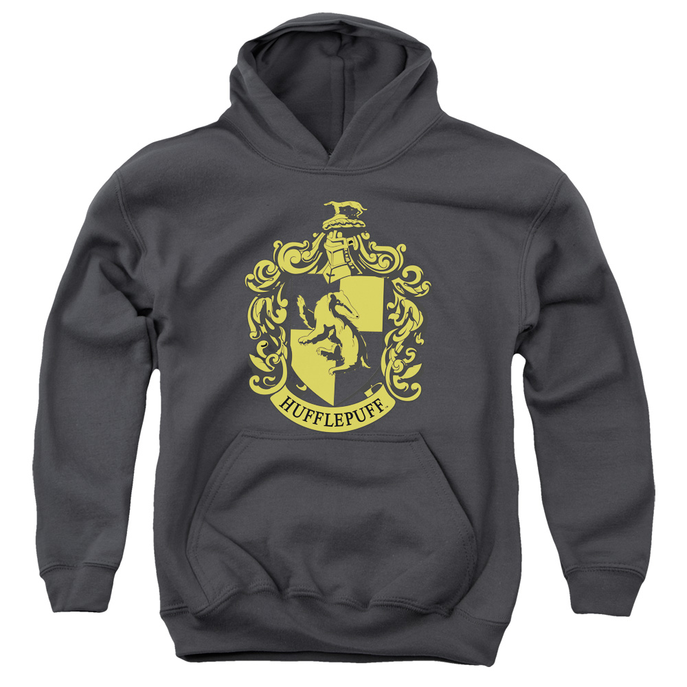 HP8038C-YFTH-3 Harry Potter Hufflepuff Crest Youth Hooded Sweatshirt, Charcoal - Large