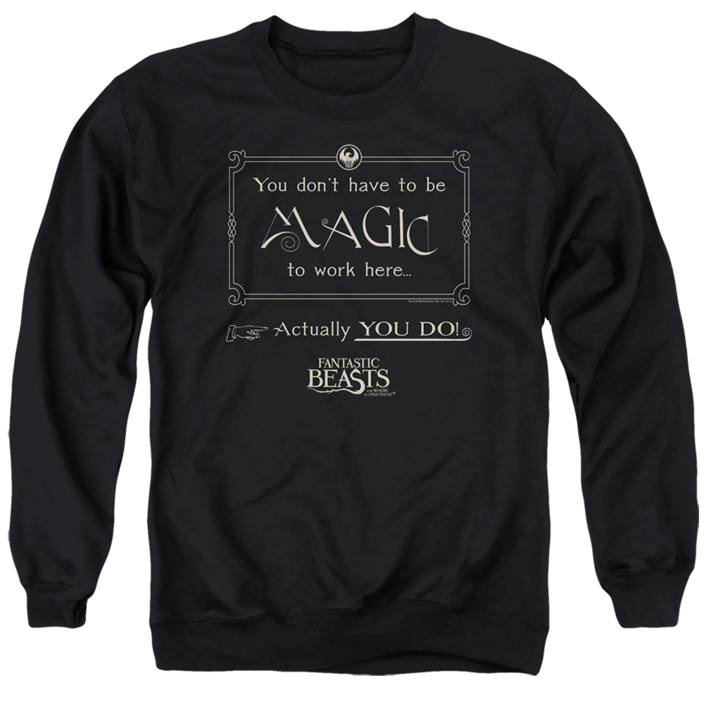 WB227-AS-4 Fantastic Beasts Magic To Work Here Adult Crewneck Sweatshirt, Black - Extra Large