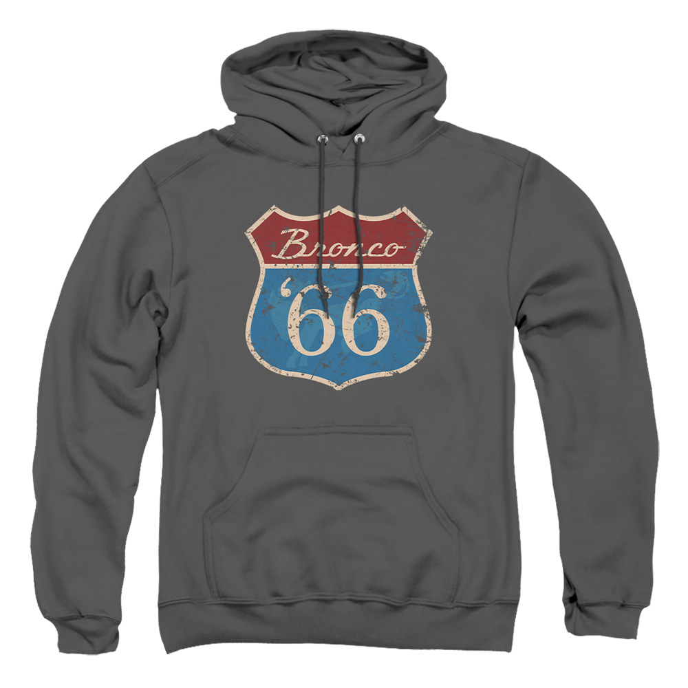 FORD112-AFTH-1 Ford Bronco Route 66 Adult Pullover Hoodie, Charcoal - Small