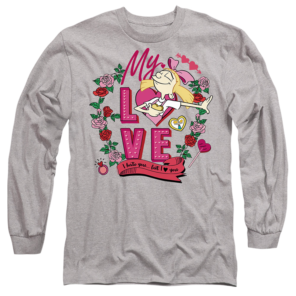 NICK10245TVAL-AL-3 Hey Arnold Valentines Day Helga I Hate You But Love You Adult Long Sleeve T-Shirt, Athletic Heather - Large