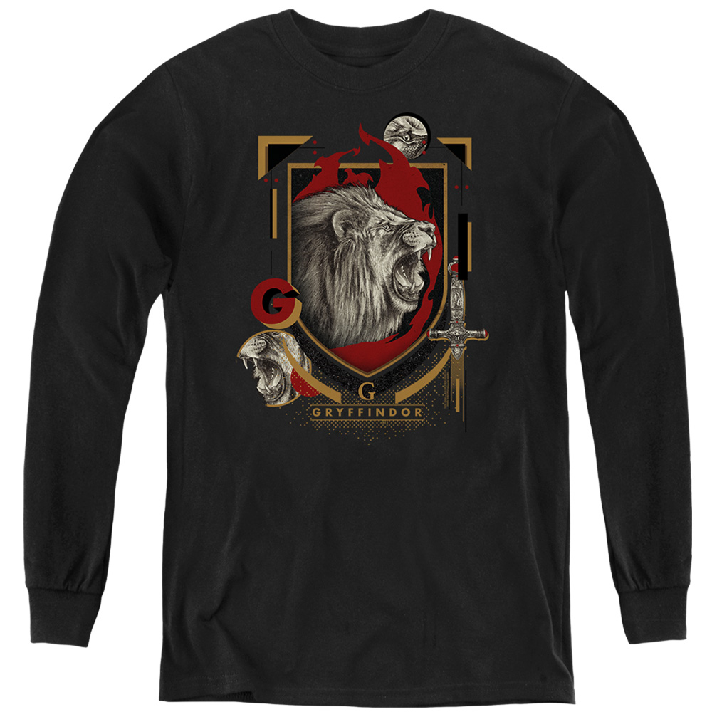 HP8488-YL-3 Harry Potter Gryffindor Magicial Mischief Level Up Crest Long Sleeve Youth T-Shirt, Black - Large