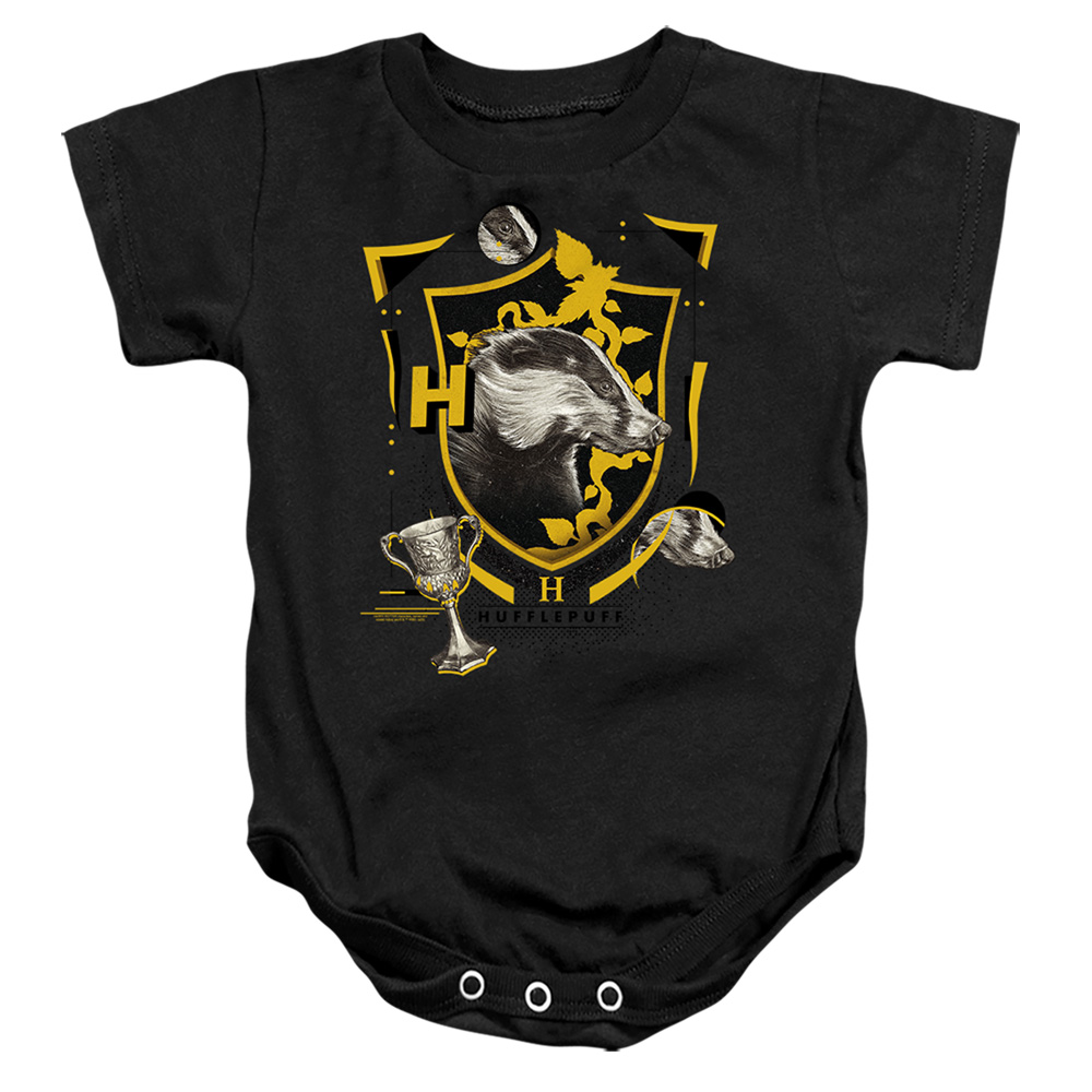 HP8490-SS-2 Harry Potter Hufflepuff Magicial Mischief Level Up Crest Infant Snapsuit, Black - Medium - 12 Month