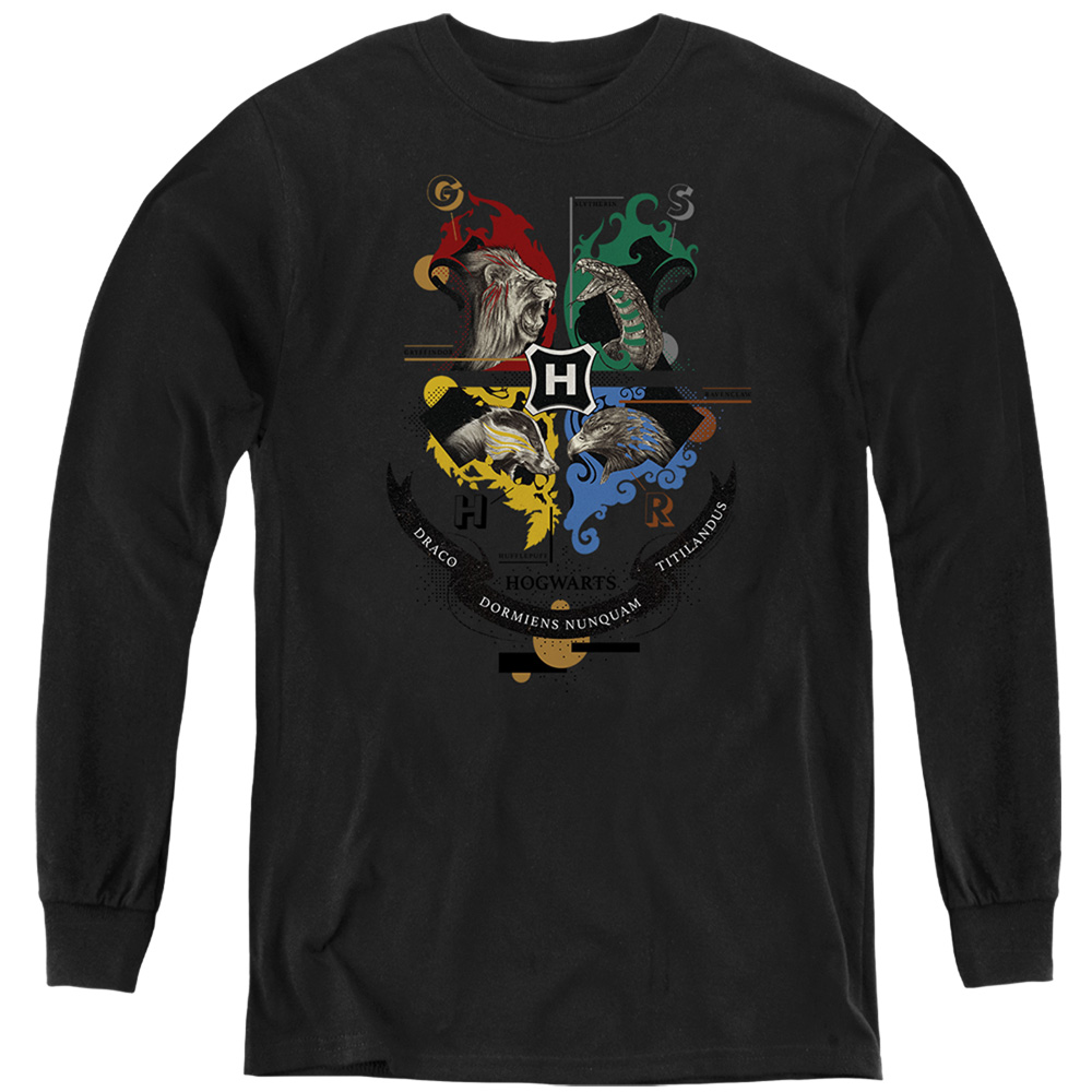 HP8492-YL-4 Harry Potter Hogwarts Magicial Mischief Level Up Crest Long Sleeve Youth T-Shirt, Black - Extra Large