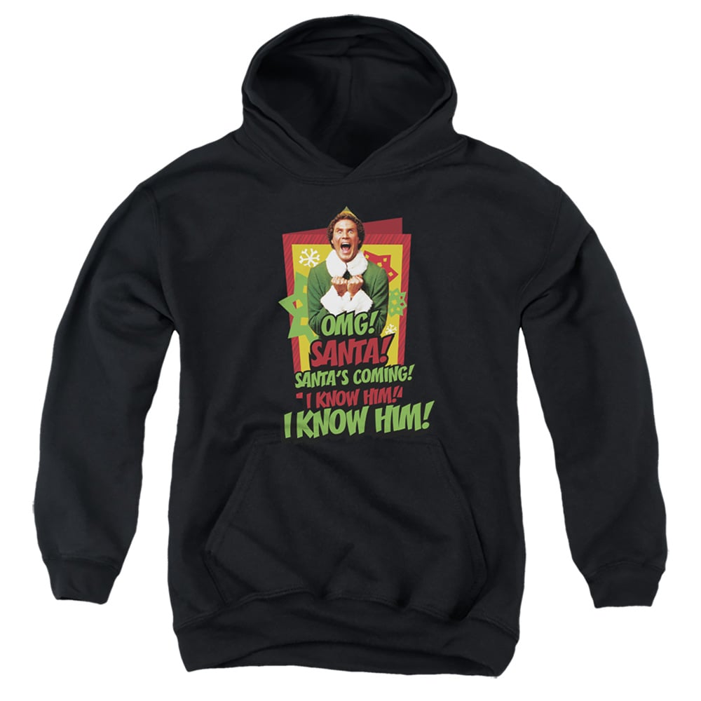 WBM1216-YFTH-3 ELF Santas Coming I Know Him Youth Hooded Sweatshirt, Black - Large