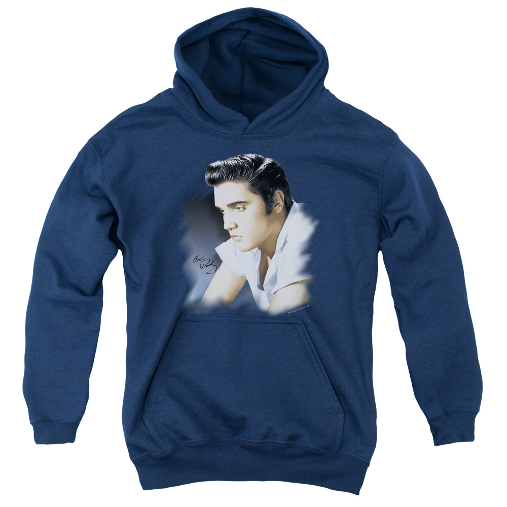 ELV264-YFTH-2 Elvis Presley Blue Profile Youth Hooded Sweatshirt, Navy - Medium