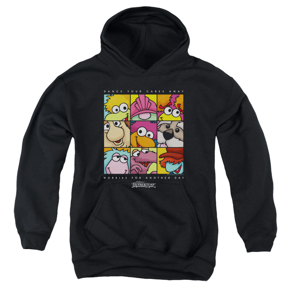 FR116-YFTH-4 Fraggle Rock Squared Youth Hooded Sweatshirt, Black - Extra Large