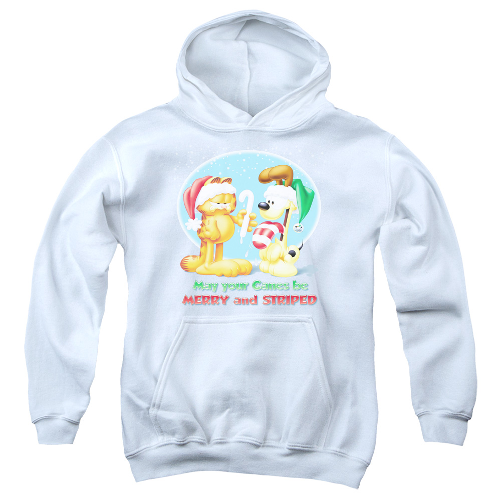GAR323-YFTH-2 Garfield Merry & Striped Youth Hooded Sweatshirt, White - Medium