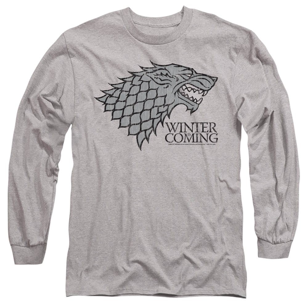 GOT264-AL-3 Game of Thrones Stark Winter is Coming on Grey Adult Long Sleeve T-Shirt, Athletic Heather - Large