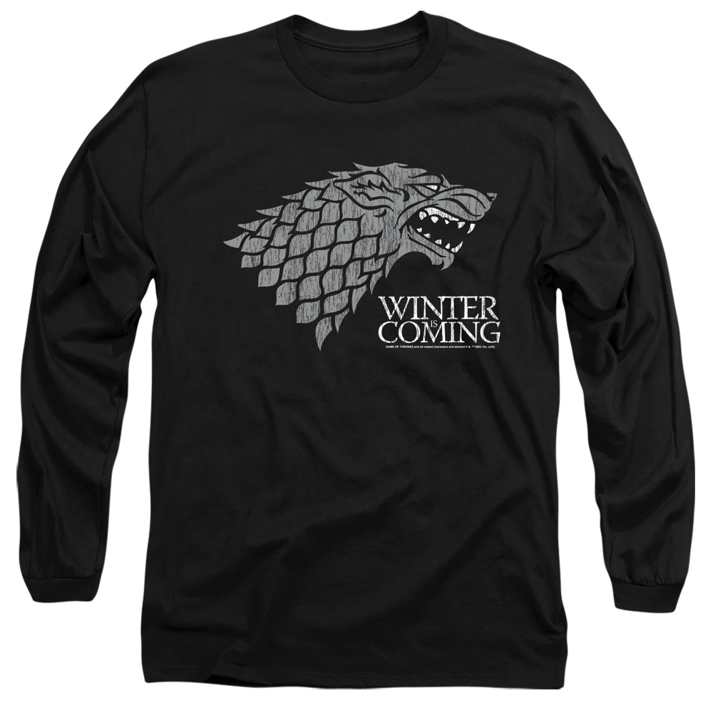 GOT265-AL-2 Game of Thrones Stark Winter is Coming on Black Adult Long Sleeve T-Shirt, Black - Medium