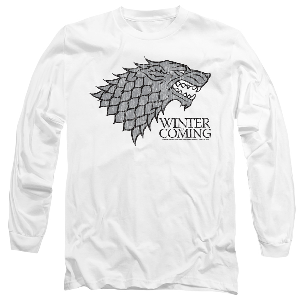 GOT267-AL-2 Game of Thrones Stark Winter is Coming on White Adult Long Sleeve T-Shirt, White - Medium