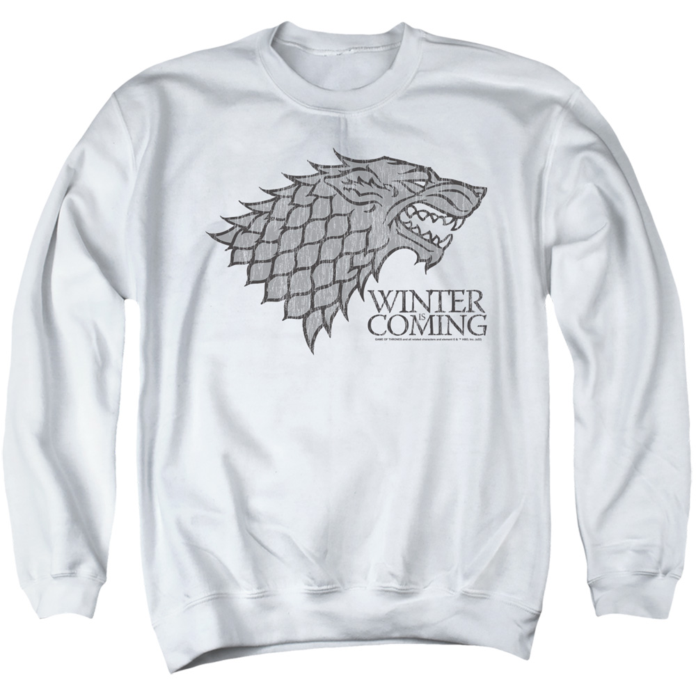 GOT267-AS-3 Game of Thrones Stark Winter is Coming on White Adult Crewneck Sweatshirt, White - Large