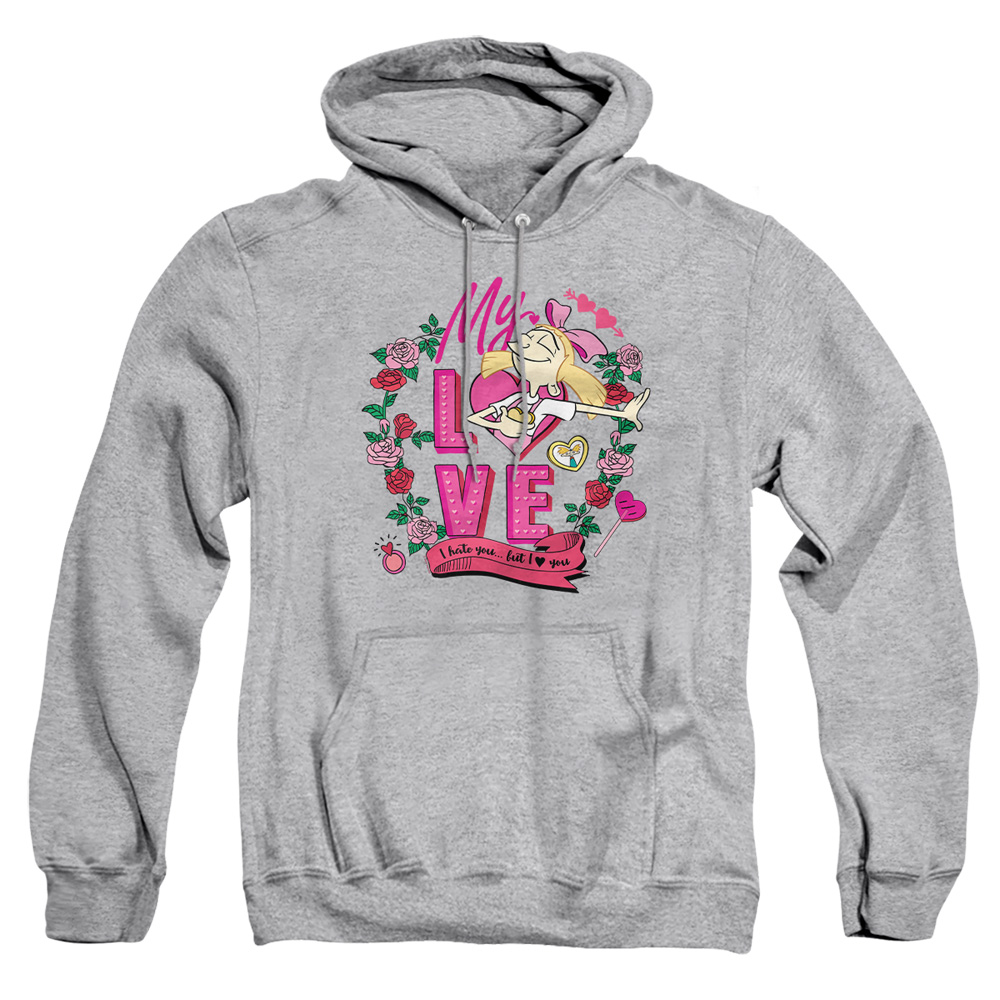 NICK10245TVAL-AFTH-4 Hey Arnold Valentines Day Helga I Hate You But Love You Adult Pullover Hoodie, Athletic Heather - Extra Large