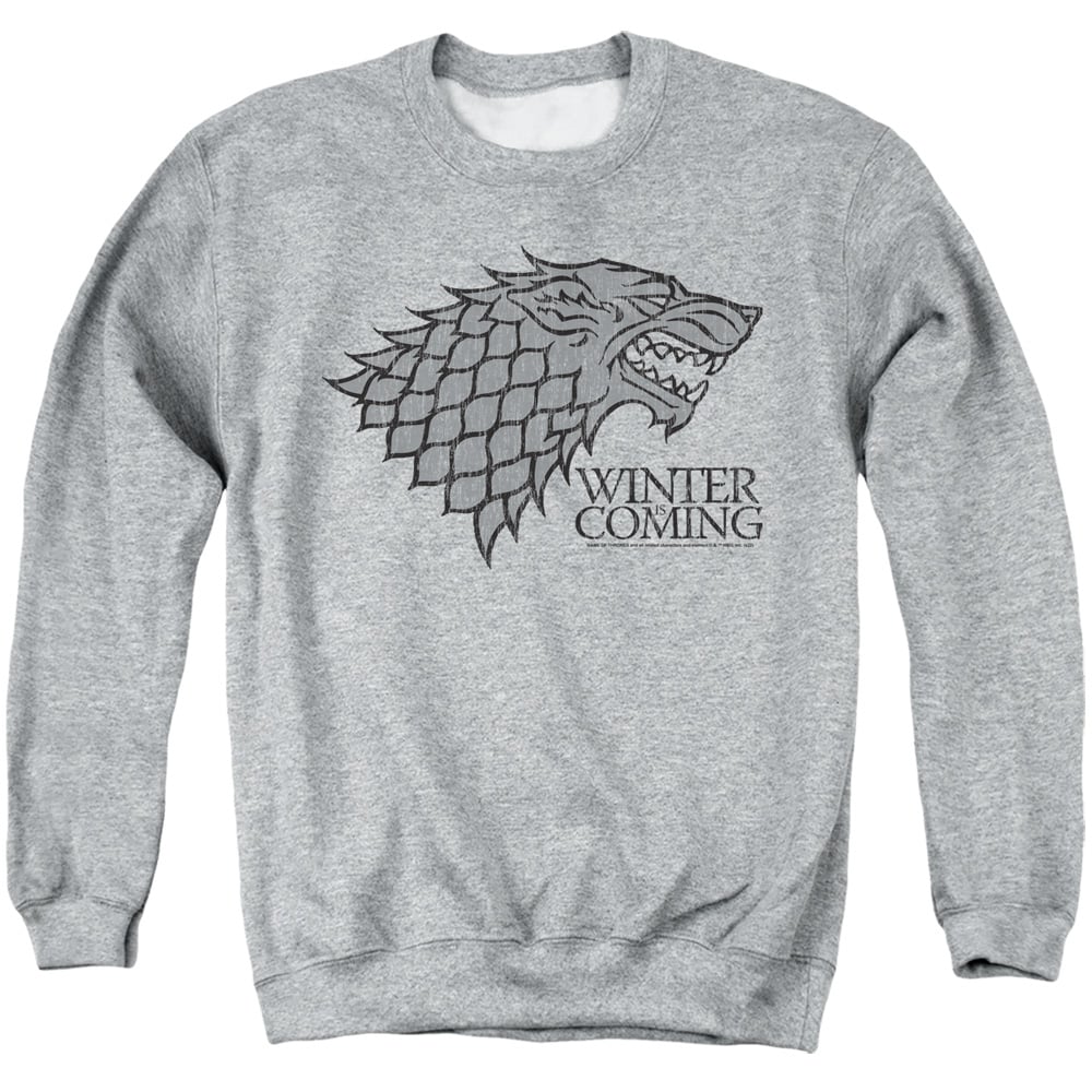 GOT264-AS-3 Game of Thrones Stark Winter is Coming on Grey Adult Crewneck Sweatshirt, Athletic Heather - Large
