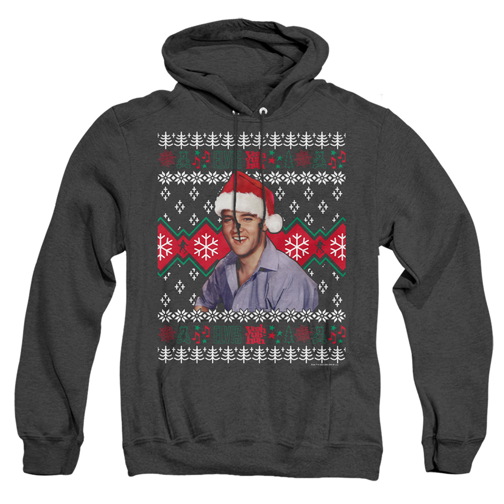 ELV1070-AHH-2 Elvis Ugly Christmas Sweater Adult Heather Hoodie, Black - Medium