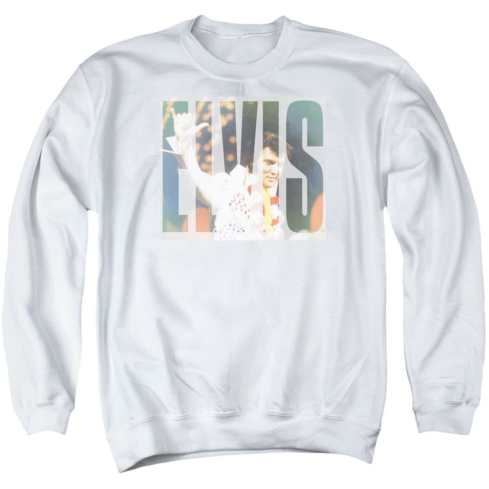ELV821-AS-2 Elvis Presley Aloha Knockout Adult Crewneck Sweatshirt, White - Medium