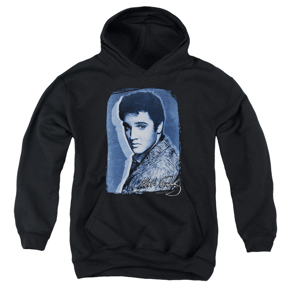 ELV823-YFTH-2 Elvis Presley Overlay Youth Hooded Sweatshirt, Black - Medium