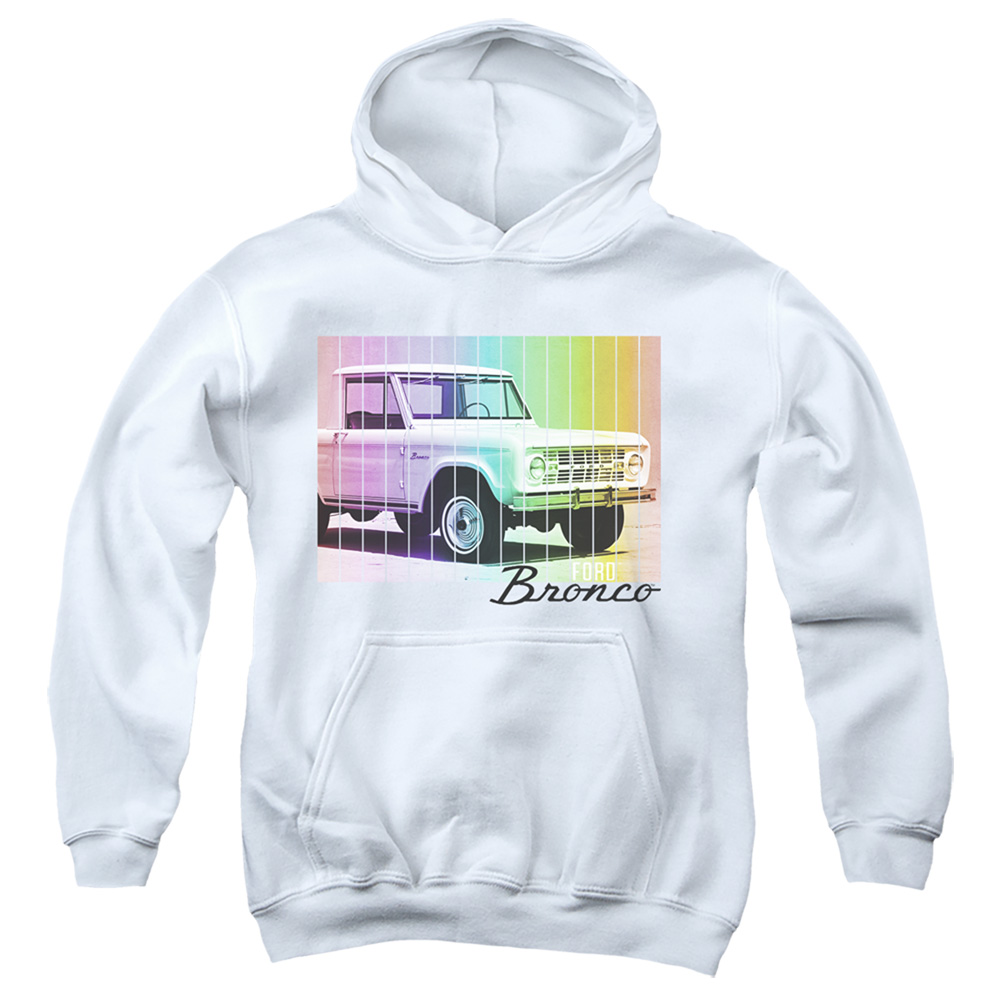 FORD118-YFTH-2 Ford Bronco Retro Rainbow Youth Hooded Sweatshirt, White - Medium