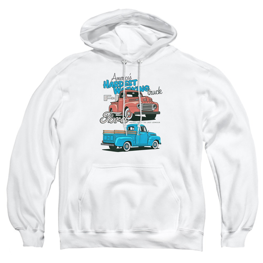 FORD127-AFTH-5 Ford Trucks Hardest Working Adult Pullover Hoodie, White - 2X