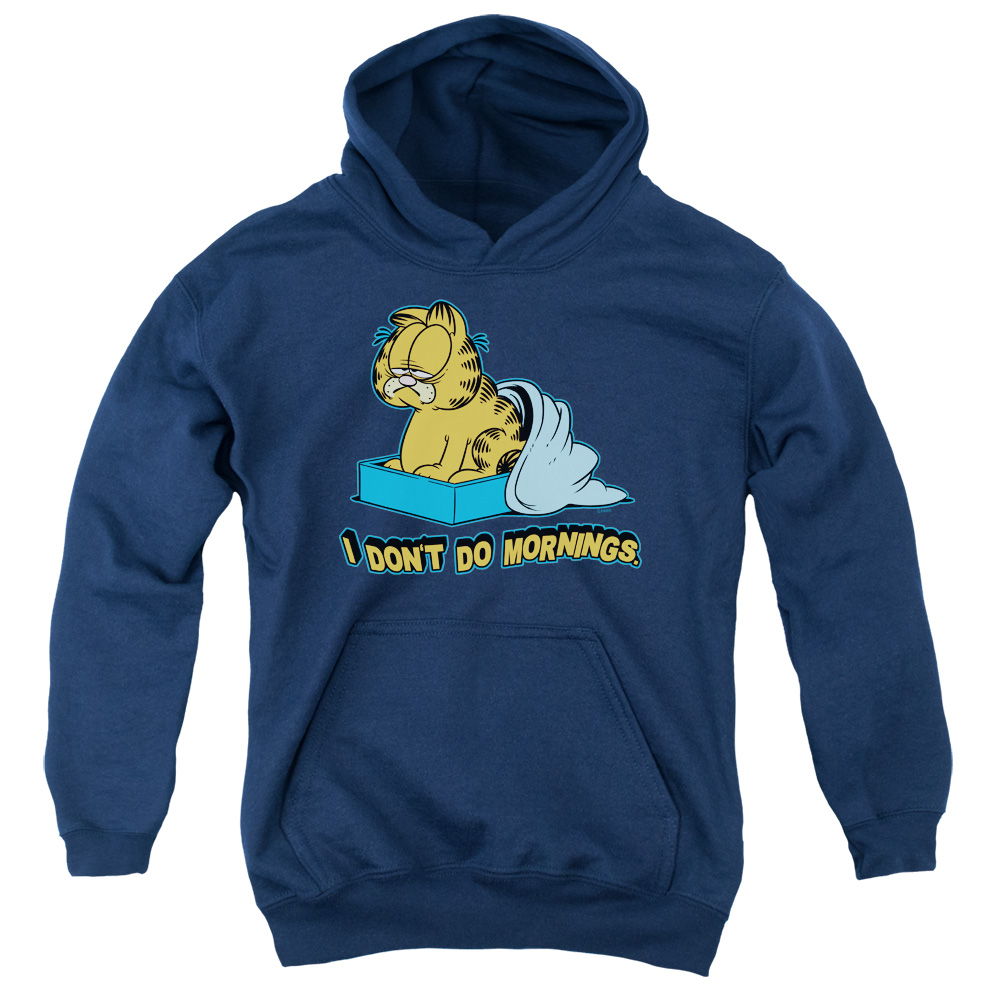 GAR141B-YFTH-2 Garfield I Dont Do Mornings Youth Hooded Sweatshirt, Navy - Medium