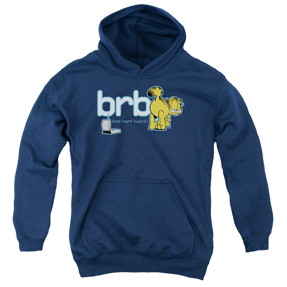 GAR374-YFTH-1 Garfield Be Right Back Youth Hooded Sweatshirt, Navy - Small