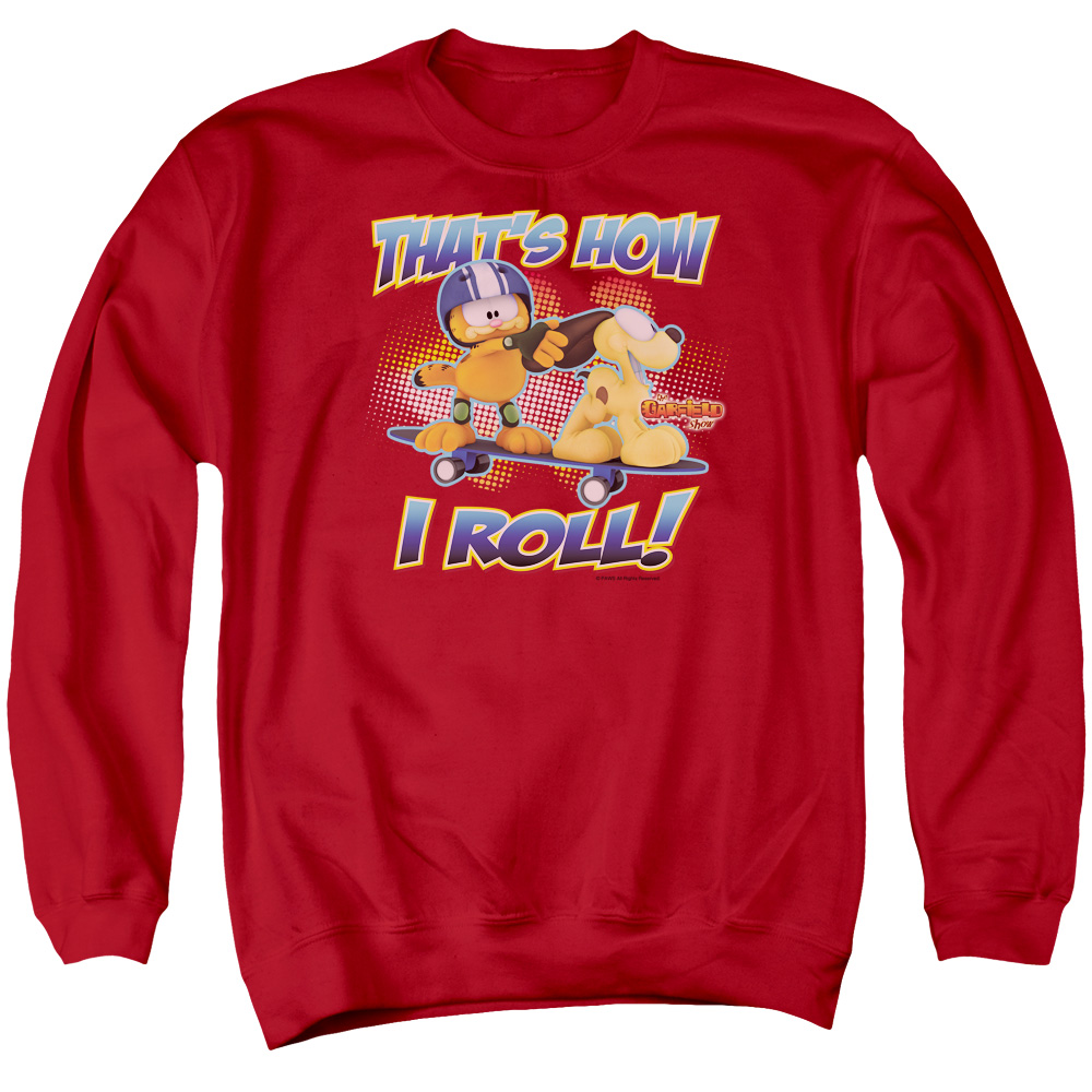 GAR465-AS-2 Garfield How I Roll Adult Crewneck Sweatshirt, Red - Medium