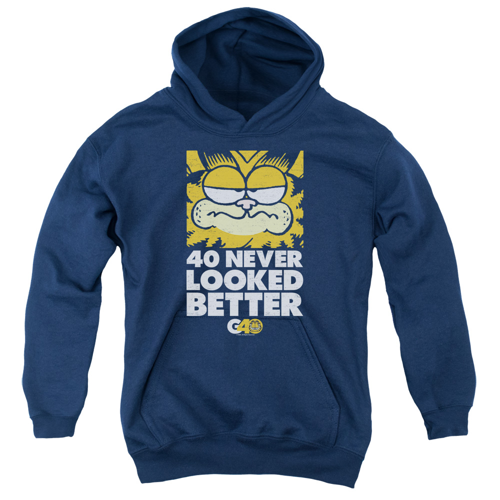 GAR571B-YFTH-2 Garfield 40 Looks Youth Hooded Sweatshirt, Navy - Medium