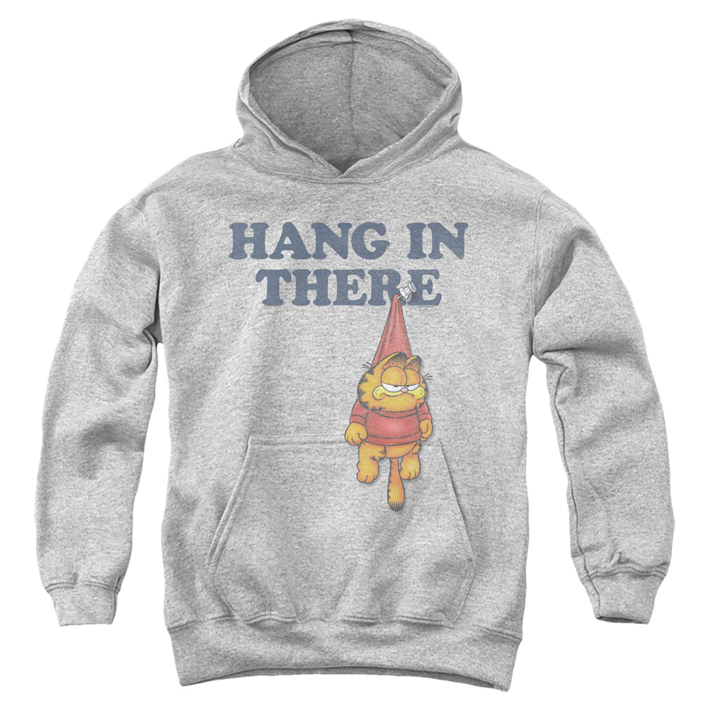 GAR715-YFTH-3 Garfield Hang in There Youth Hooded Sweatshirt, Athletic Heather - Large