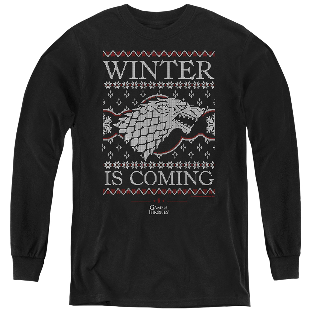 GOT10028-YL-4 Game of Thrones Winter is Coming Ugly Christmas Long Sleeve Youth T-Shirt, Black - Extra Large