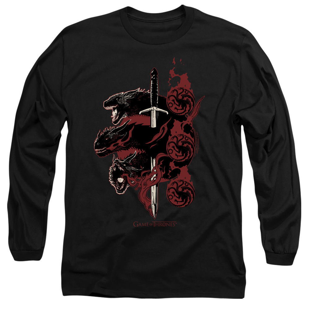 GOT139-AL-3 Game of Thrones Targaryen Dragons Adult Long Sleeve T-Shirt, Black - Large