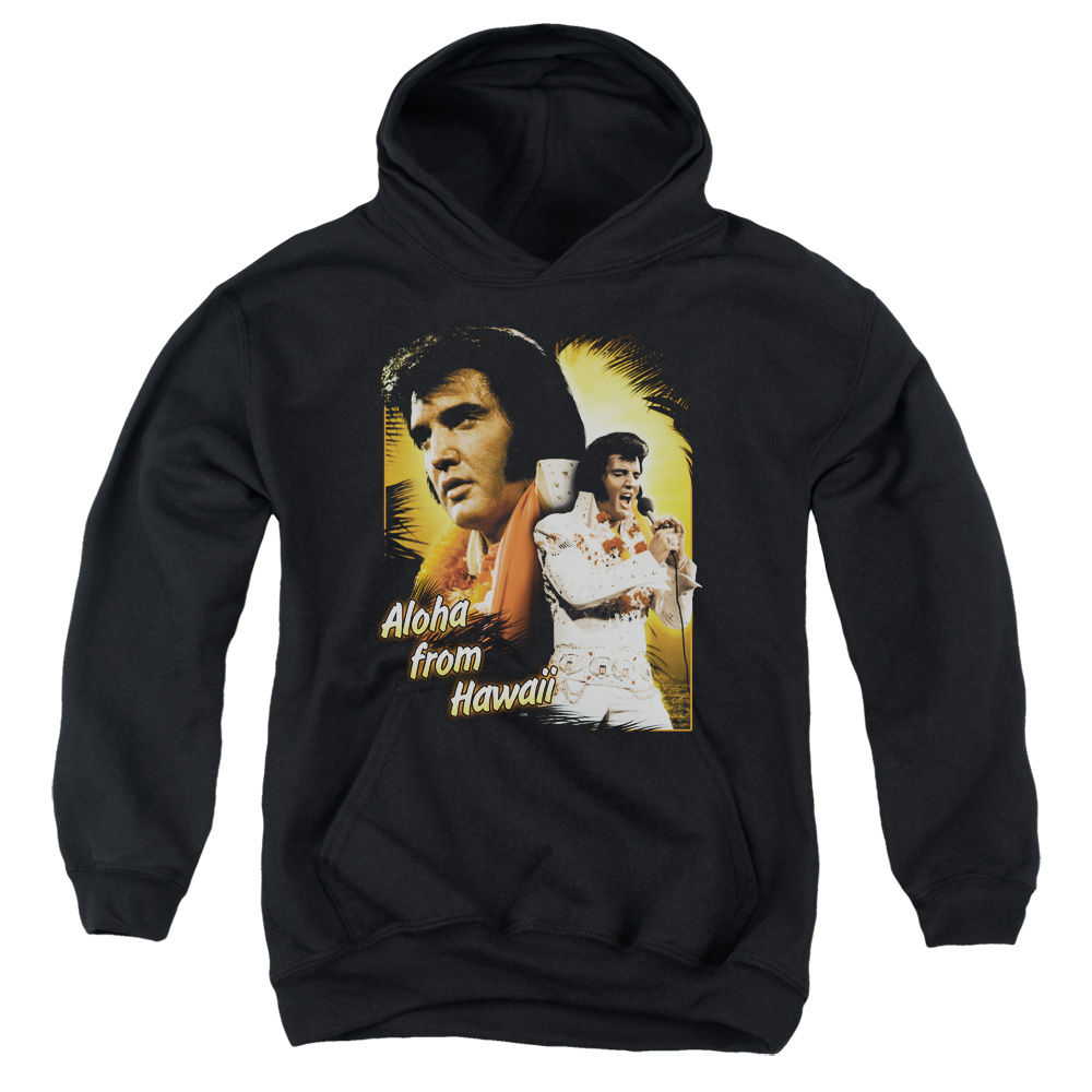 ELV104-YFTH-2 Elvis Presley Aloha Youth Hooded Sweatshirt, Black - Medium