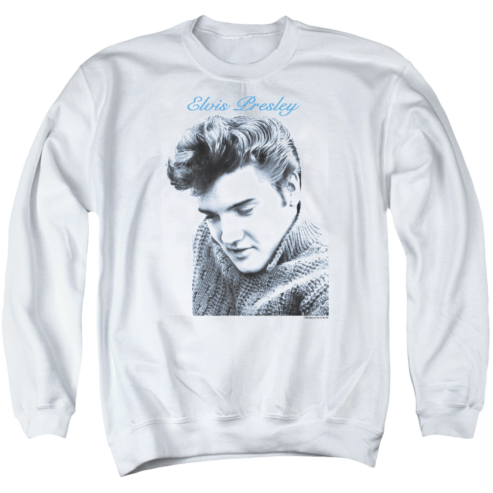ELV207-AS-3 Elvis Presley Script Sweater Adult Crewneck Sweatshirt, White - Large