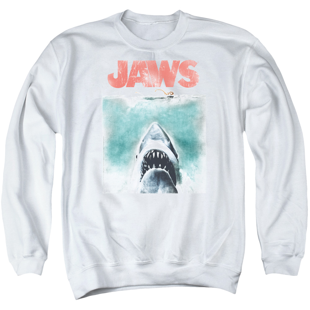 UNI726-AS-2 Jaws Vintage Poster Adult Crewneck Sweatshirt, White - Medium