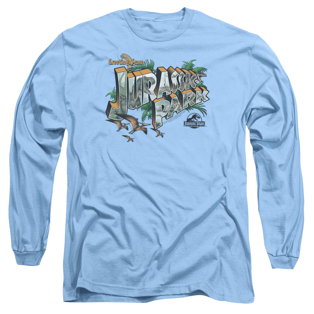 UNI135-AL-3 Jurassic Park Greetings From JP Adult Long Sleeve T-Shirt, Carolina Blue - Large