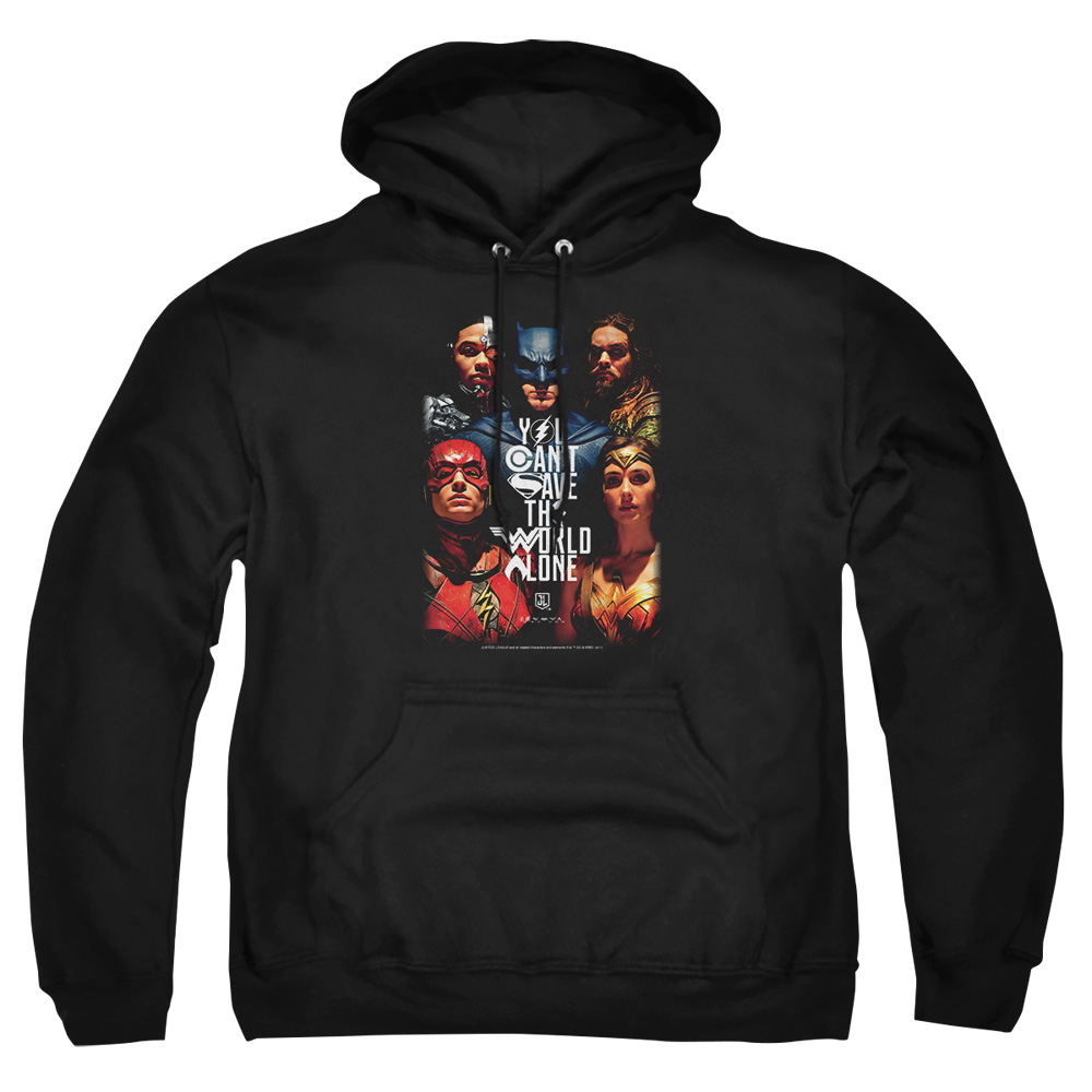 JLM191-AFTH-1 Justice League Movie Save The World Poster Adult Pullover Hoodie, Black - Small