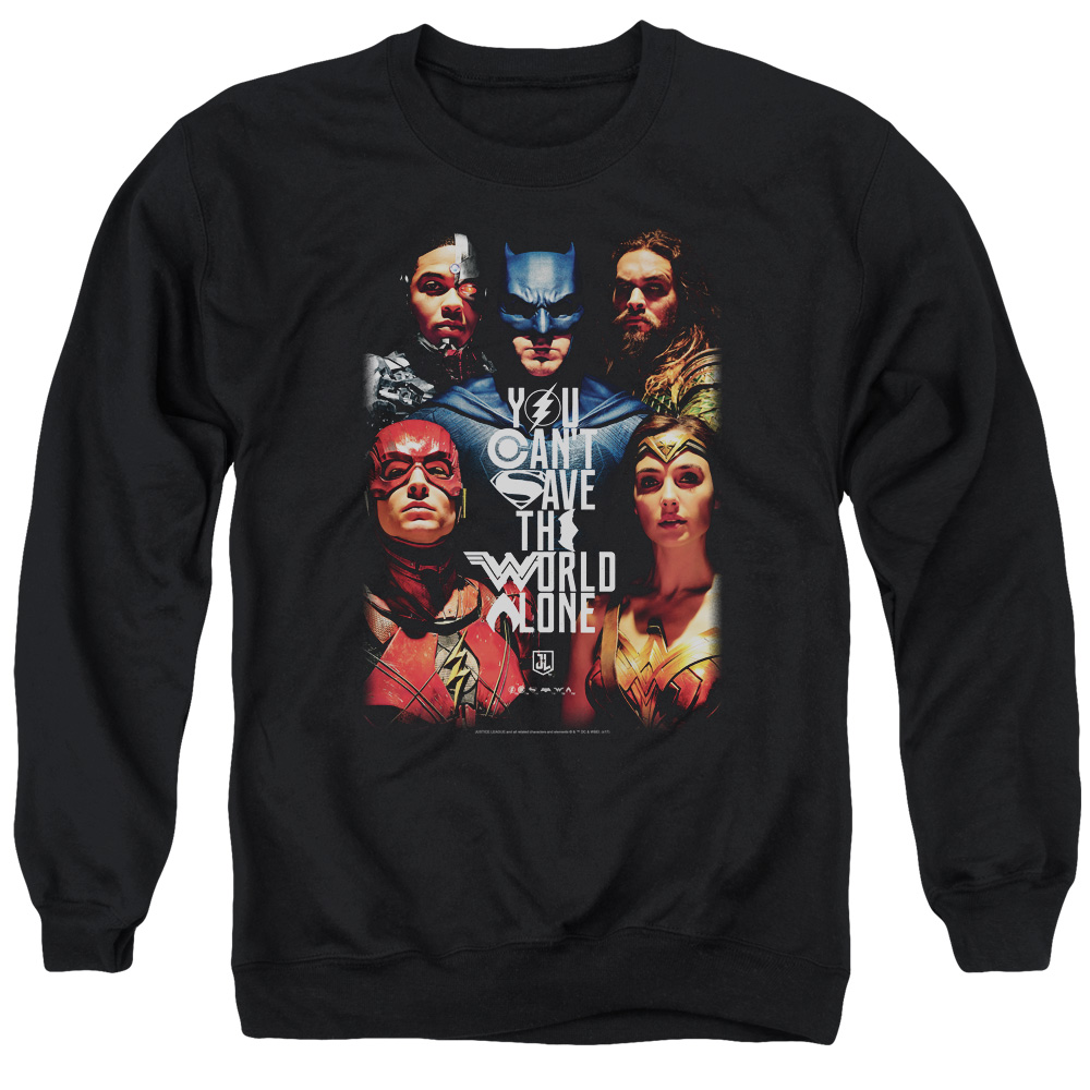 JLM191-AS-6 Justice League Movie Save The World Poster Adult Crewneck Sweatshirt, Black - 3X