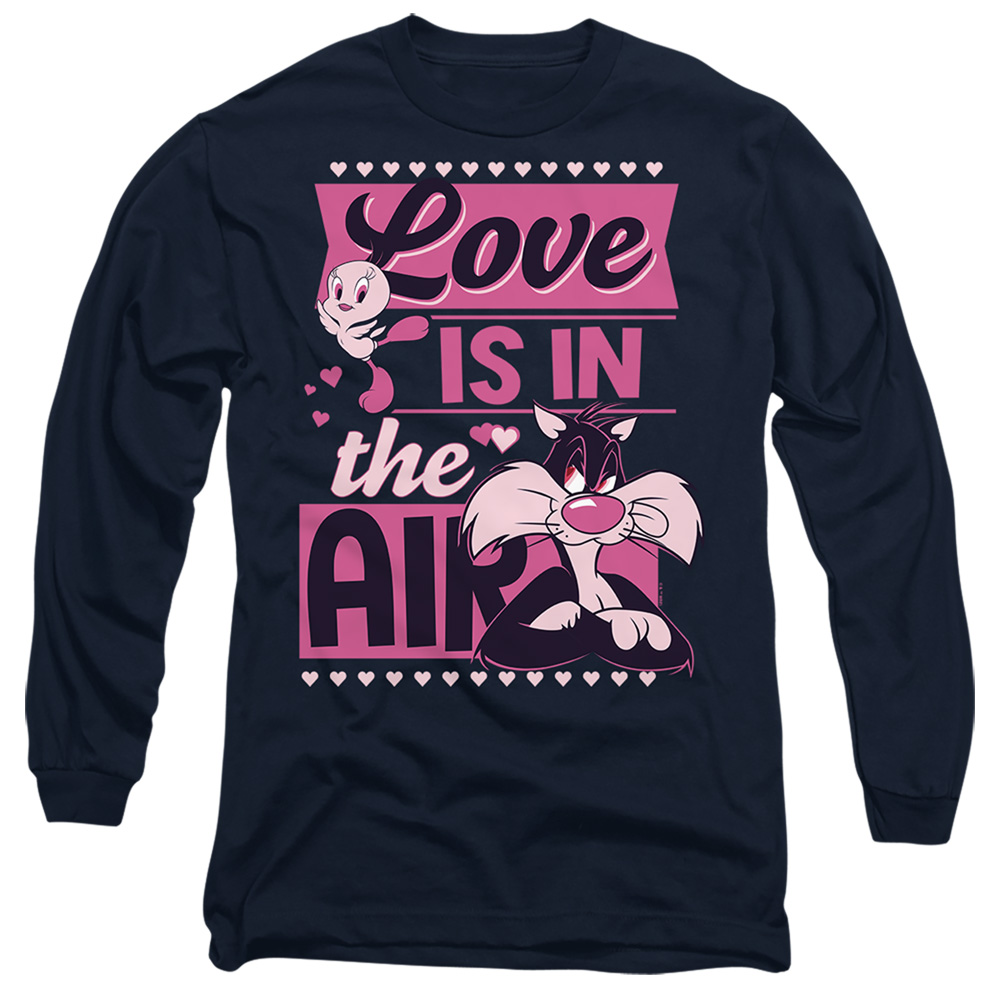 LT10048VAL-AL-3 Looney Tunes Valentines Day Tweety Sylvester Love in The Air Adult Long Sleeve T-Shirt, Navy - Large