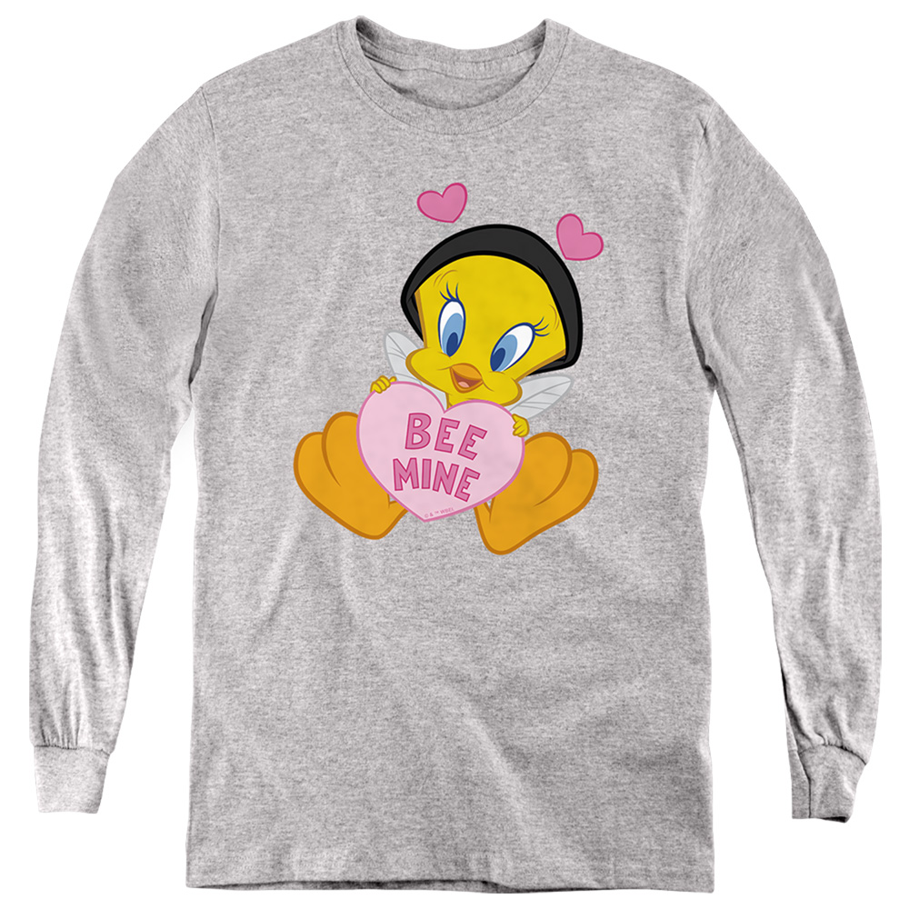 LT10051TVAL-YL-3 Looney Tunes Valentines Day Tweety Bee Mine Long Sleeve Youth T-Shirt, Athletic Heather - Large