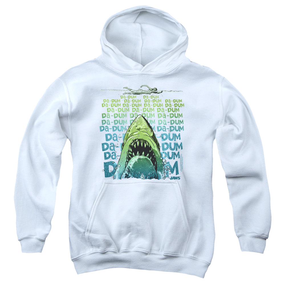 UNI1093-YFTH-1 Jaws Da Dum Youth Hooded Sweatshirt, White - Small